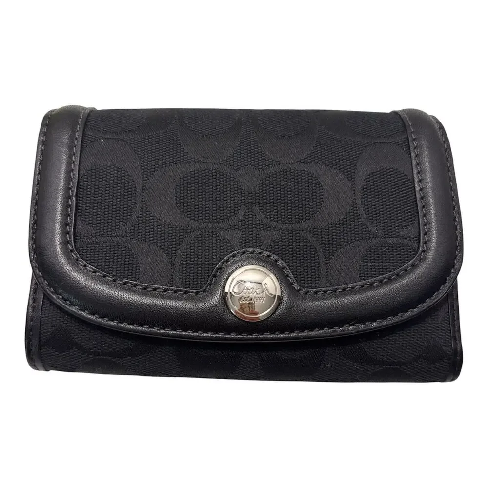 Coach Trifold Wallet Canvas & Leather Black All Over Pattern Women